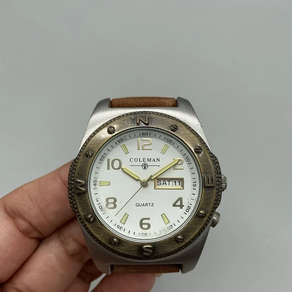Coleman 40-949 Mens Watch 42mm White Dial Brown Leather Day Date New Battery